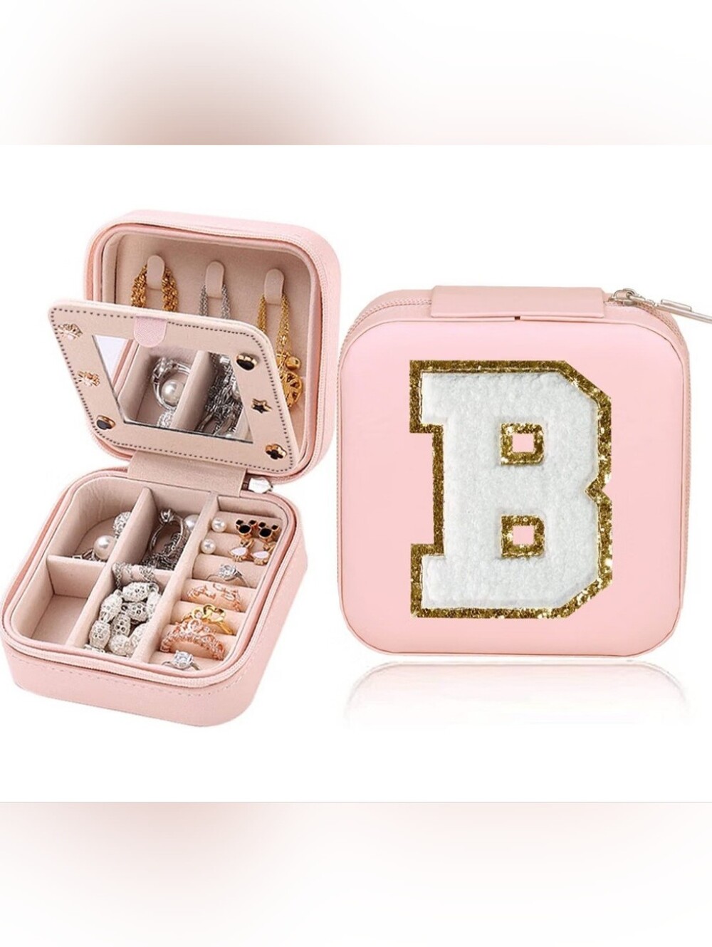 Pink Jewelry Box for Women Girls, Mini Portable Jewelry Case For travel Letter B